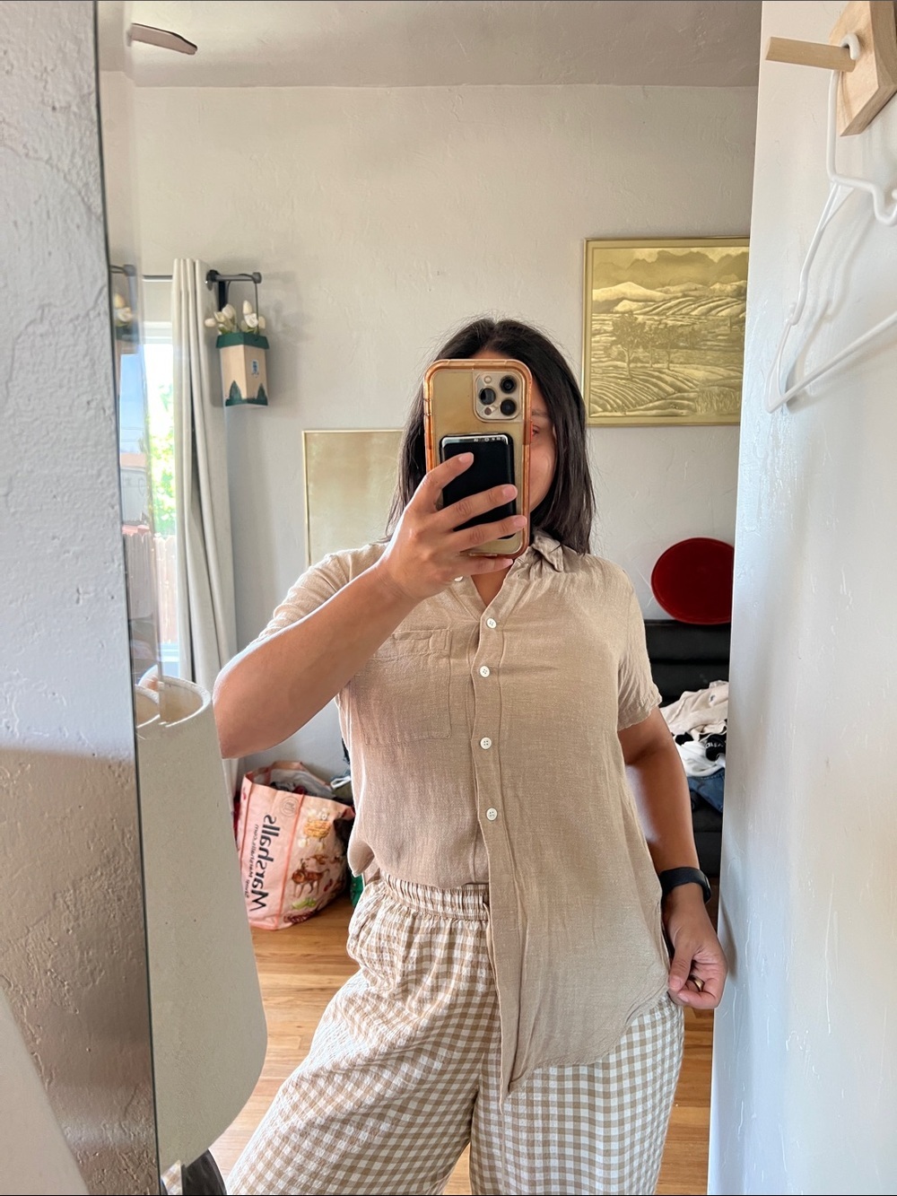 Theory Women's Short Sleeve Button-Down Shirt in Taupe - Picture 2 of 7
